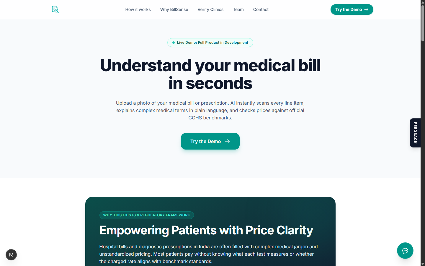 BillSense hospital bill and test explainer landing interface