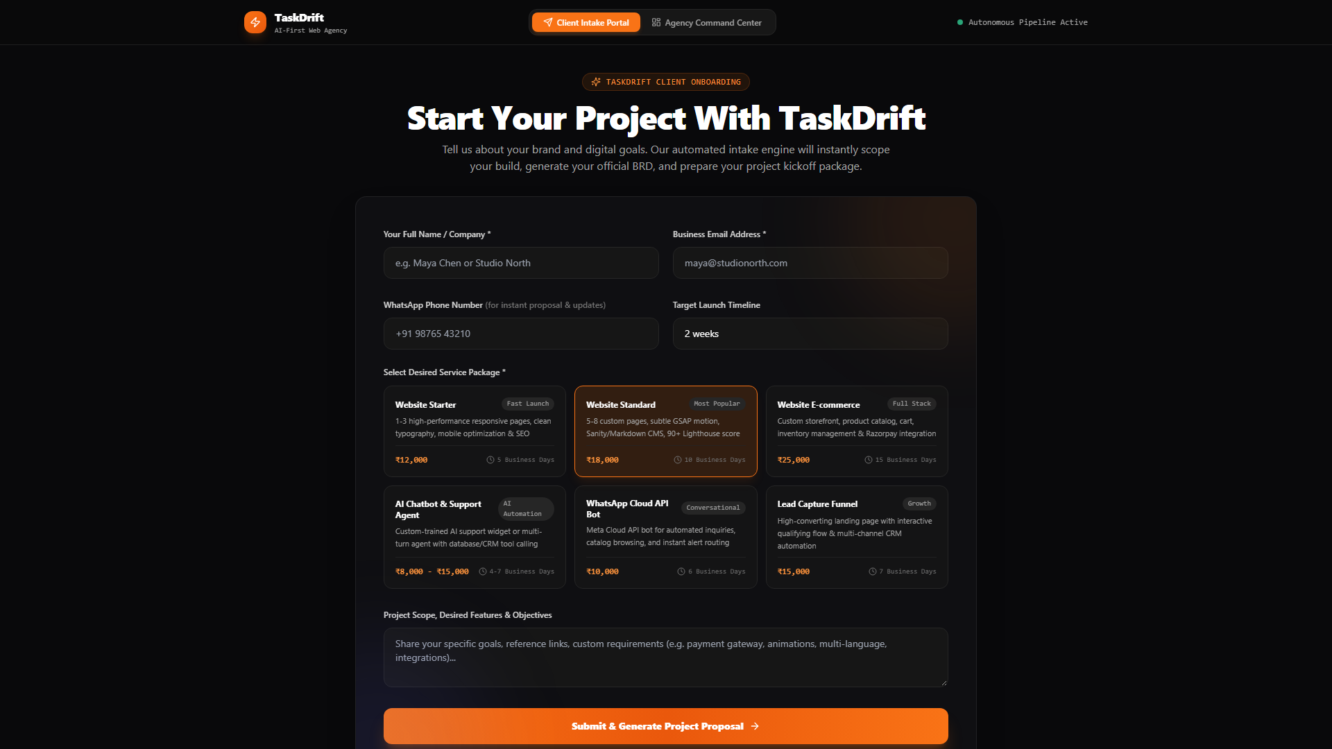 TaskDrift Onboarding Agent intake and CRM command center