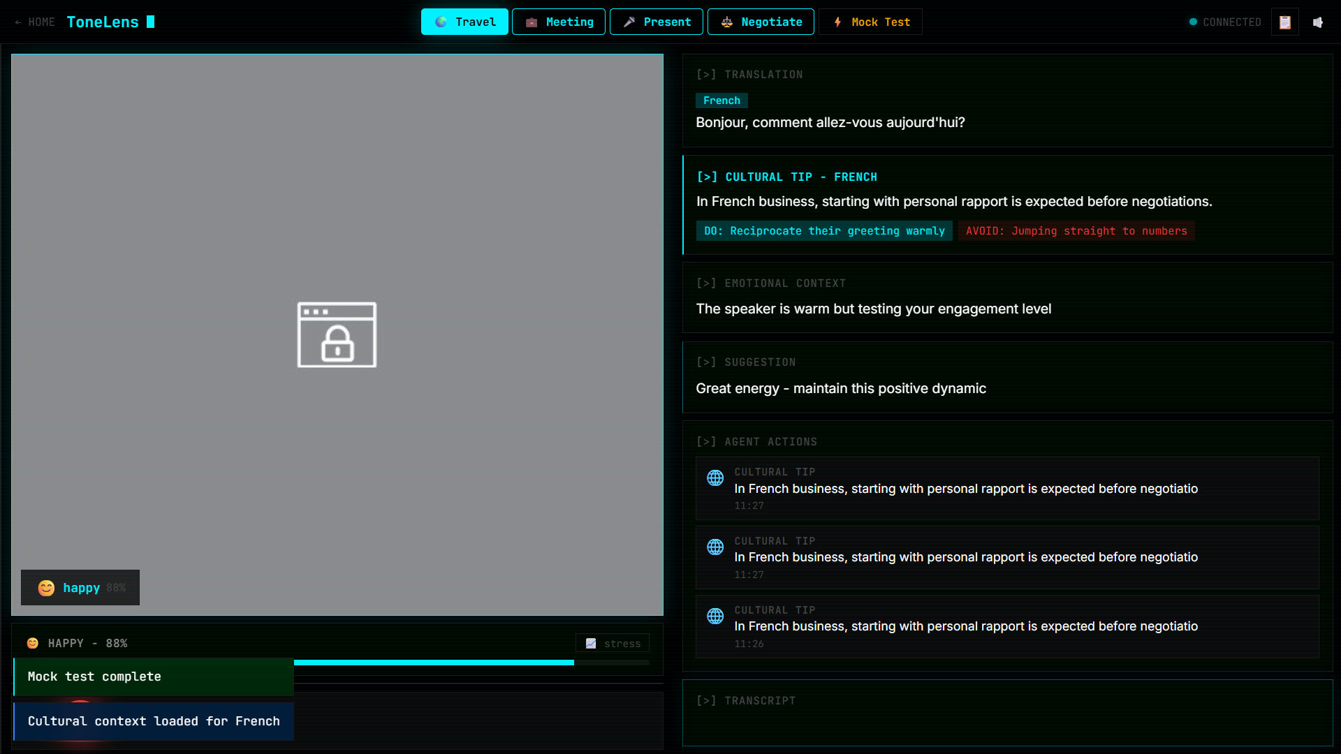 ToneLens app — Travel mode with French translation