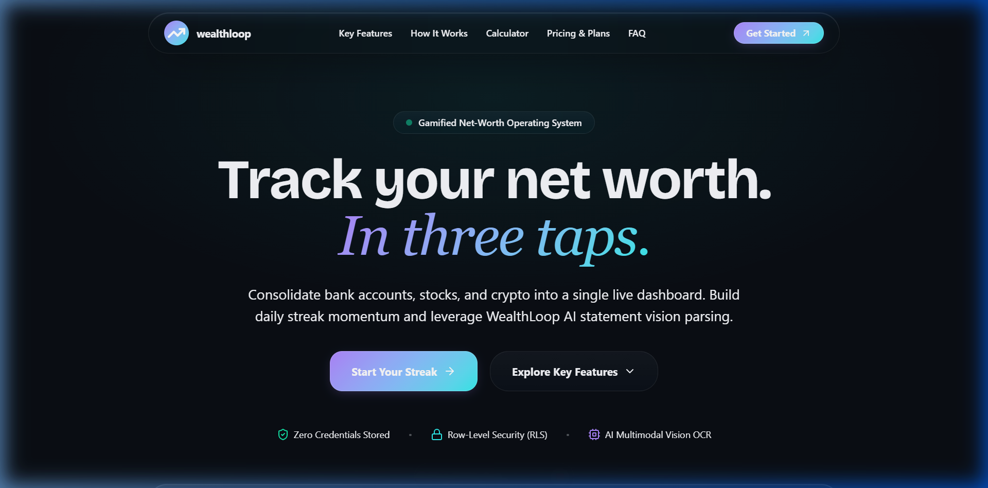 WealthLoop Landing Hero — Track net worth in 3 taps